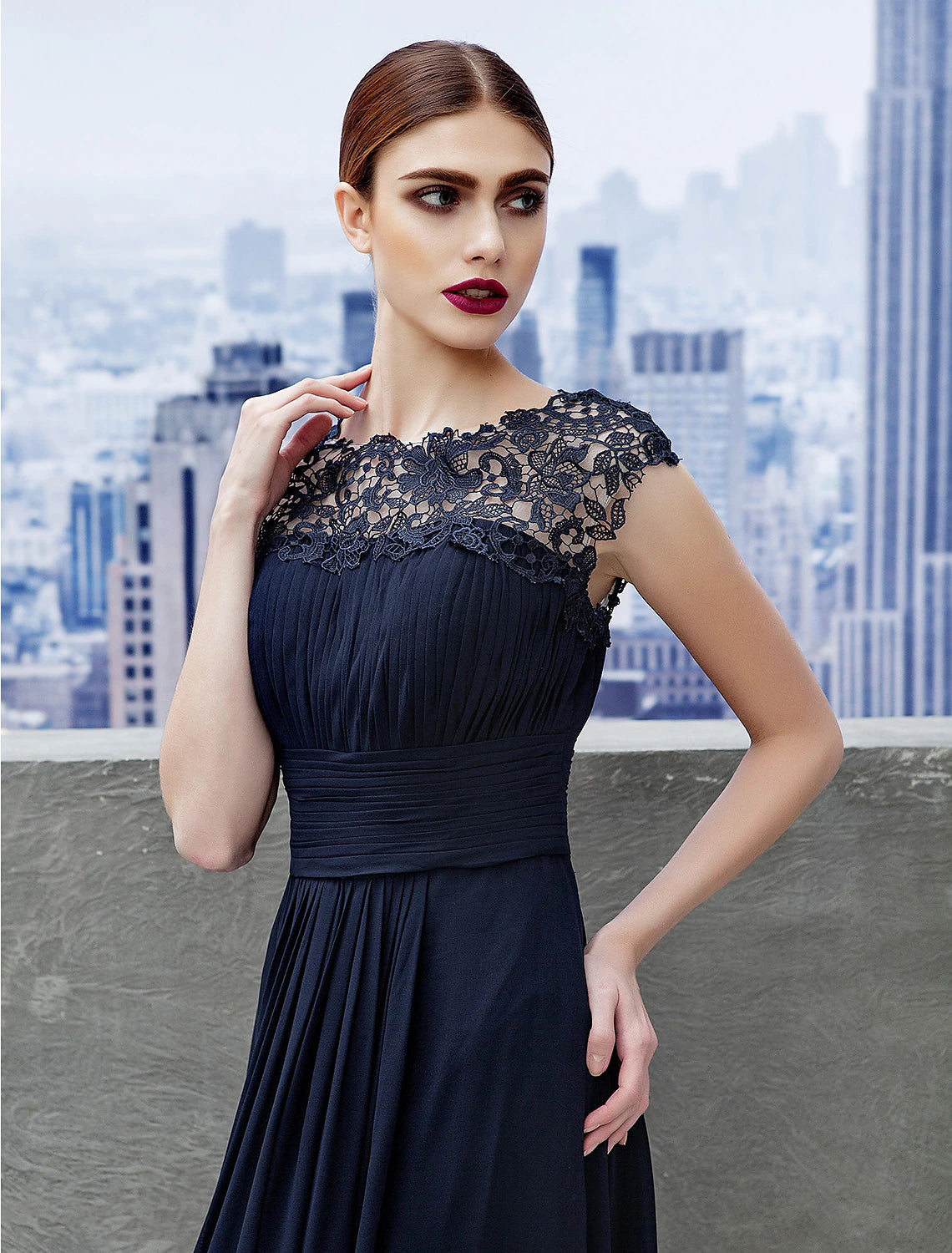 A-Line Evening Gown Empire Dress Wedding Guest Floor Length Short Sleeve Boat Neck Chiffon with Ruched Lace Insert