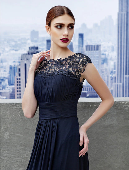 A-Line Evening Gown Empire Dress Wedding Guest Floor Length Short Sleeve Boat Neck Chiffon with Ruched Lace Insert