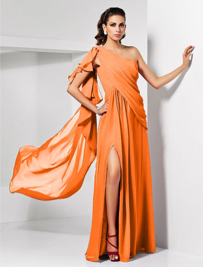 Sheath / Column Empire Wedding Guest Formal Evening Dress One Shoulder Sleeveless Floor Length Chiffon with Draping Slit