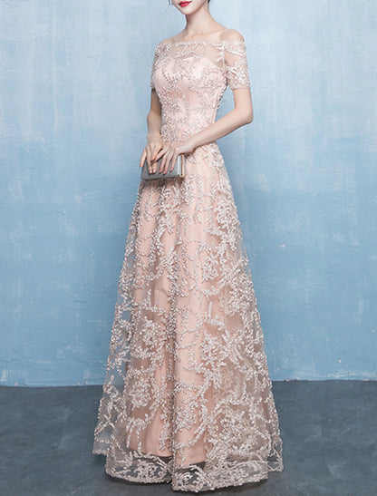 A-Line Minimalist Elegant Prom Formal Evening Dress Off Shoulder Short Sleeve Floor Length Tulle with Pleats