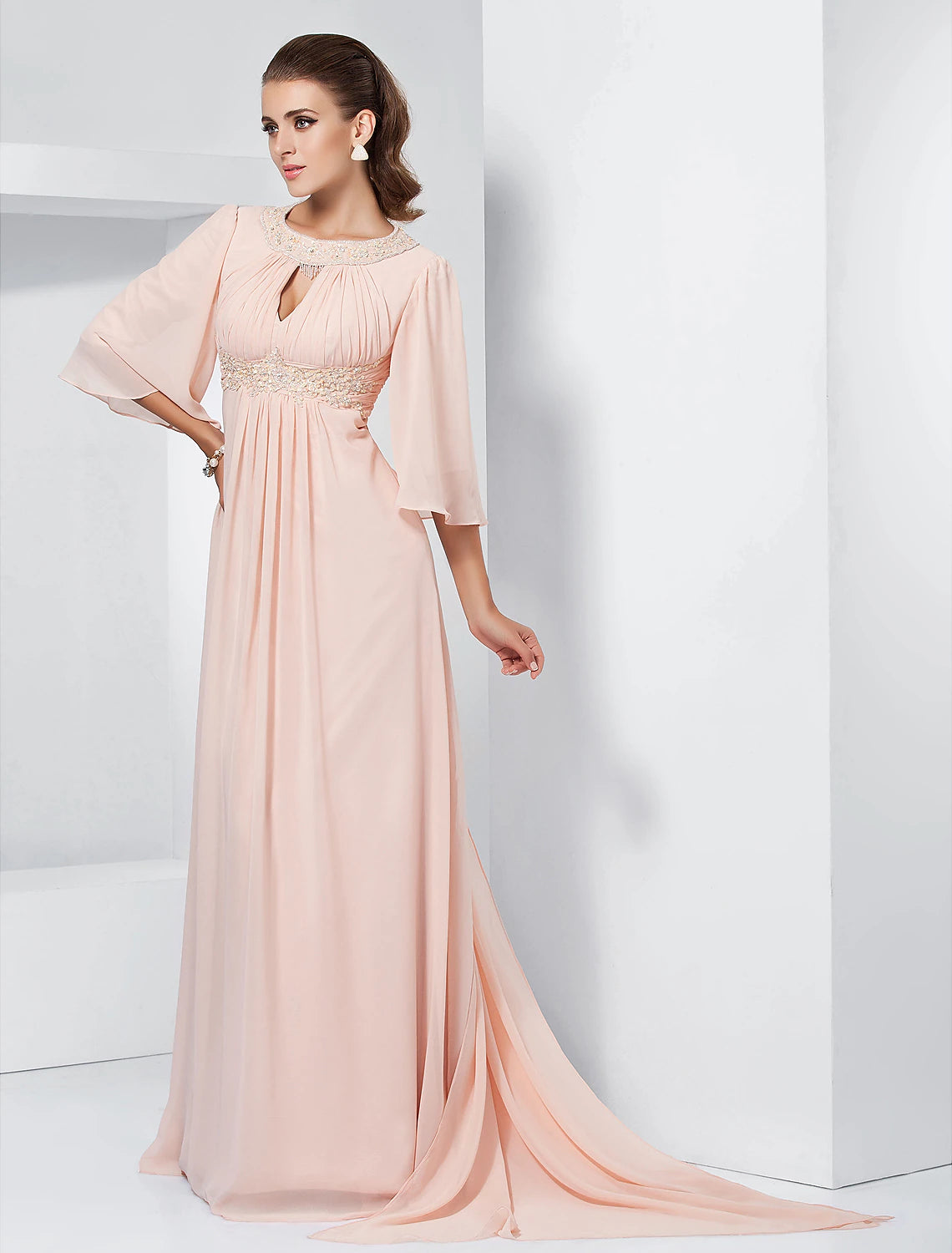A-Line Special Occasion Dresses Elegant Dress Wedding Guest Sweep / Brush Train Half Sleeve Jewel Neck Chiffon with Beading Draping