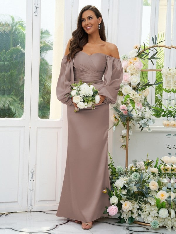 Sheath/Column Silk like Satin Ruched Off-the-Shoulder Long Sleeves Floor-Length Bridesmaid Dresses
