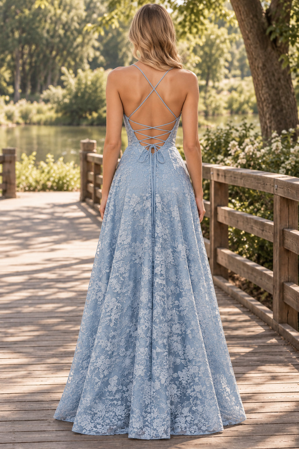 Dusty Blue Spaghetti Strap Lace Applique Criss Cross Lace Up Back Slit Evening Gown