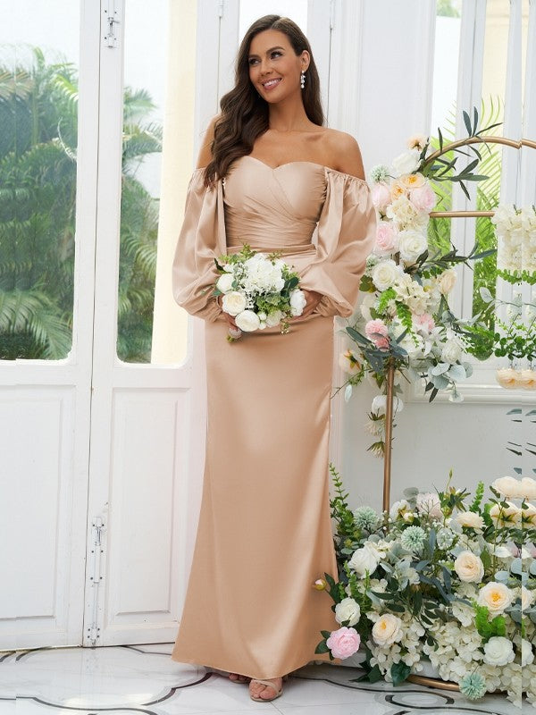 Sheath/Column Silk like Satin Ruched Off-the-Shoulder Long Sleeves Floor-Length Bridesmaid Dresses