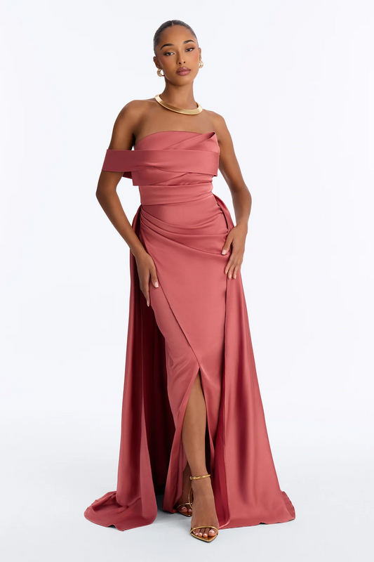 dusty pink mermaid off shoulder draped open back train evening dress