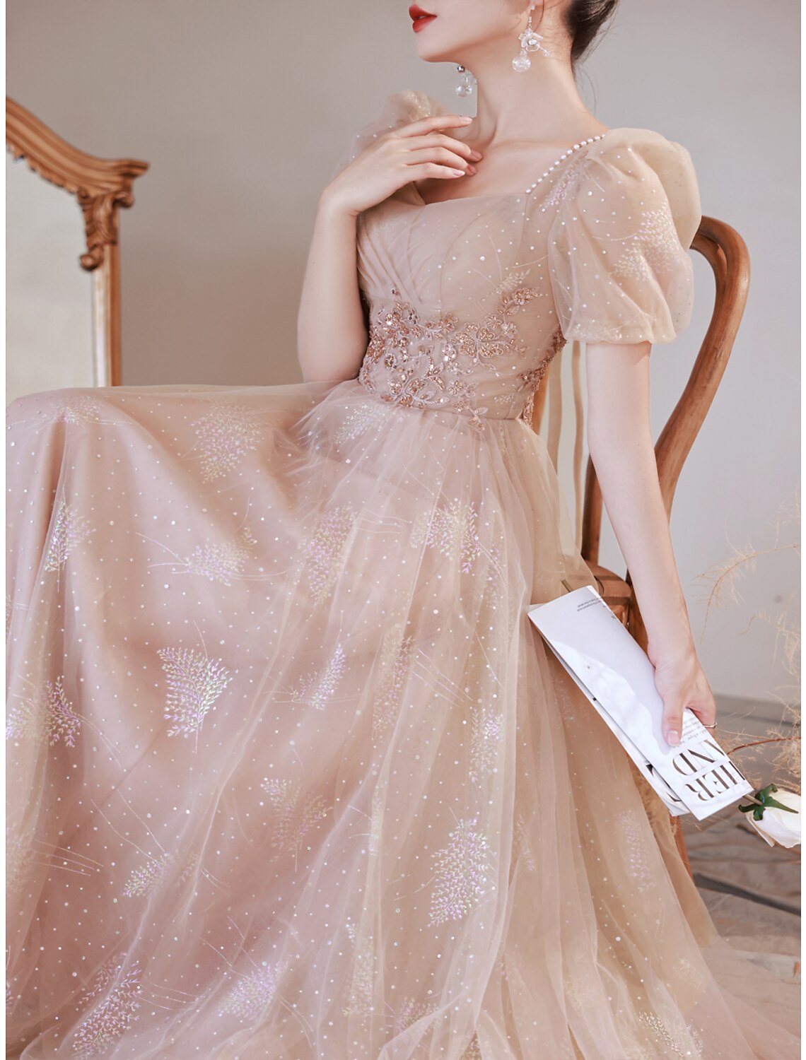 A-Line Prom Dresses Sparkle & Shine Dress Engagement Prom Floor Length Short Sleeve Scoop Neck Satin with Ruched Pearls Appliques