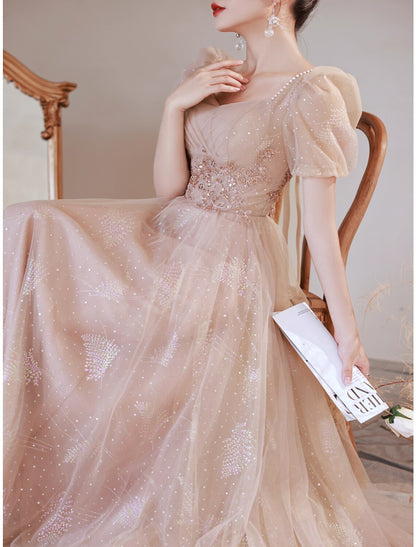 A-Line Prom Dresses Sparkle & Shine Dress Engagement Prom Floor Length Short Sleeve Scoop Neck Satin with Ruched Pearls Appliques