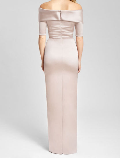 Sheath / Column Mother of the Bride Dress Wedding Guest Elegant & Luxurious Off Shoulder Floor Length Satin Short Sleeve with Ruching Fall