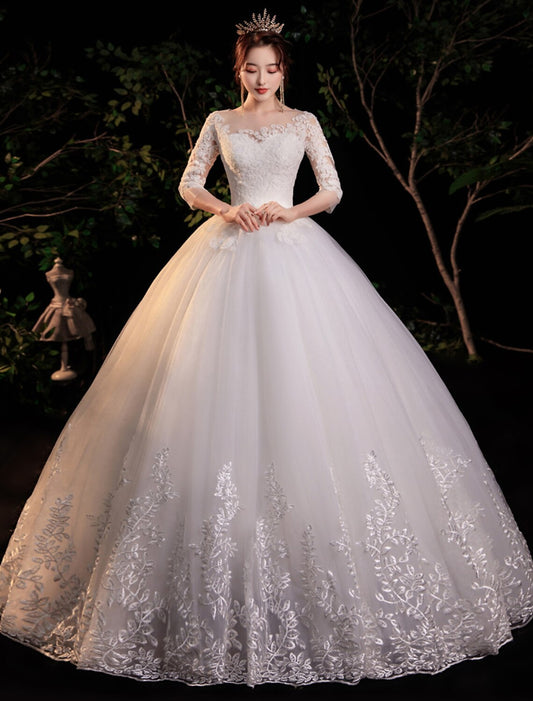 Reception Formal Wedding Dresses Ball Gown Illusion Neck Half Sleeve Floor Length Lace Bridal Gowns With Appliques Summer Wedding Party
