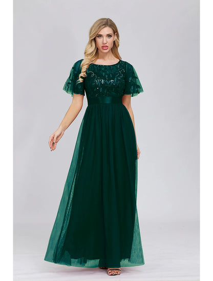 A-Line Empire Elegant Party Wear Prom Dress Jewel Neck Short Sleeve Floor Length Tulle with Embroidery 2022 / Illusion Sleeve