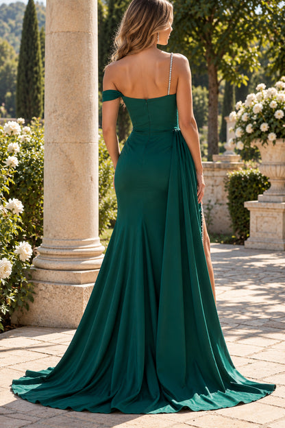 Emerald Mermaid Off Shoulder Beaded Zip Back Slit Train Evening Dresses