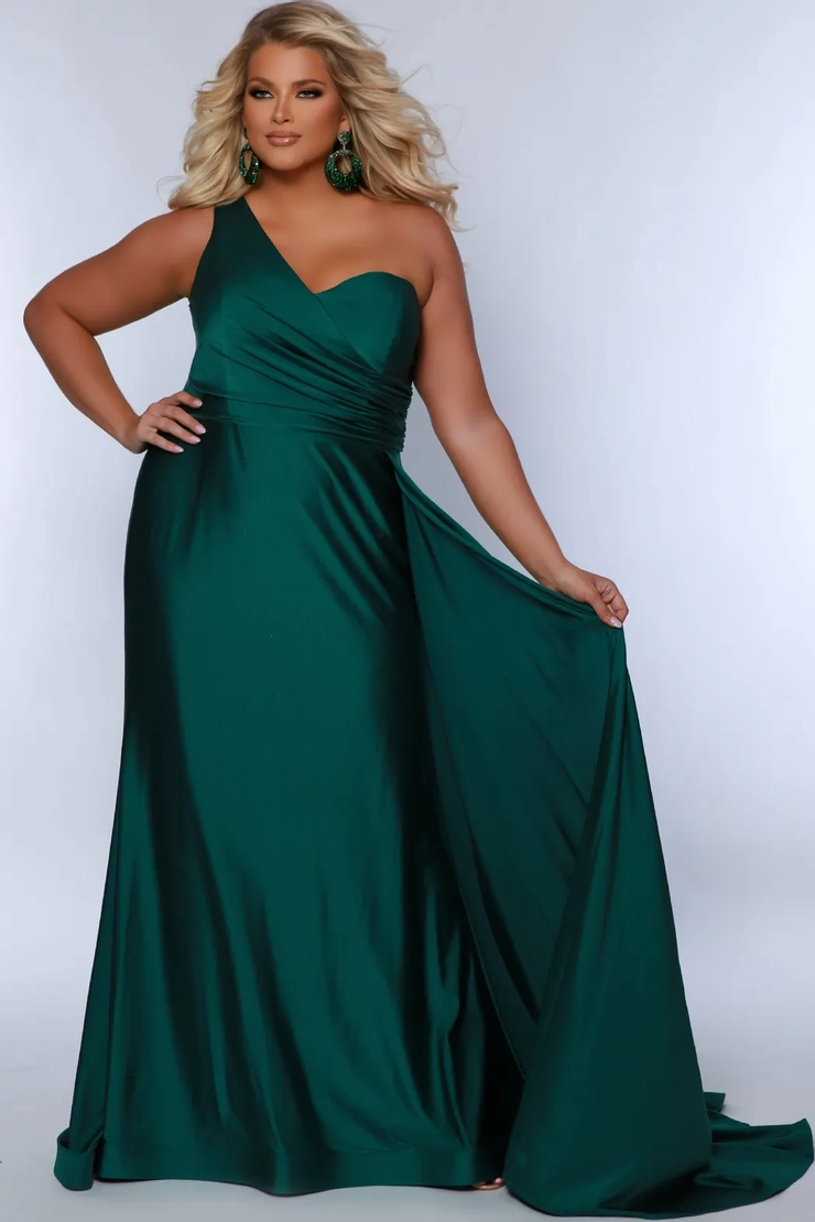 emerald green plus size one shoulder satin mermaid prom dress with train