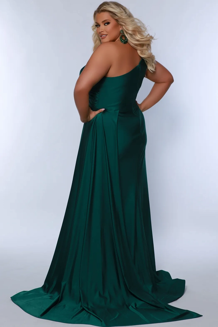 emerald green plus size one shoulder satin mermaid prom dress with train