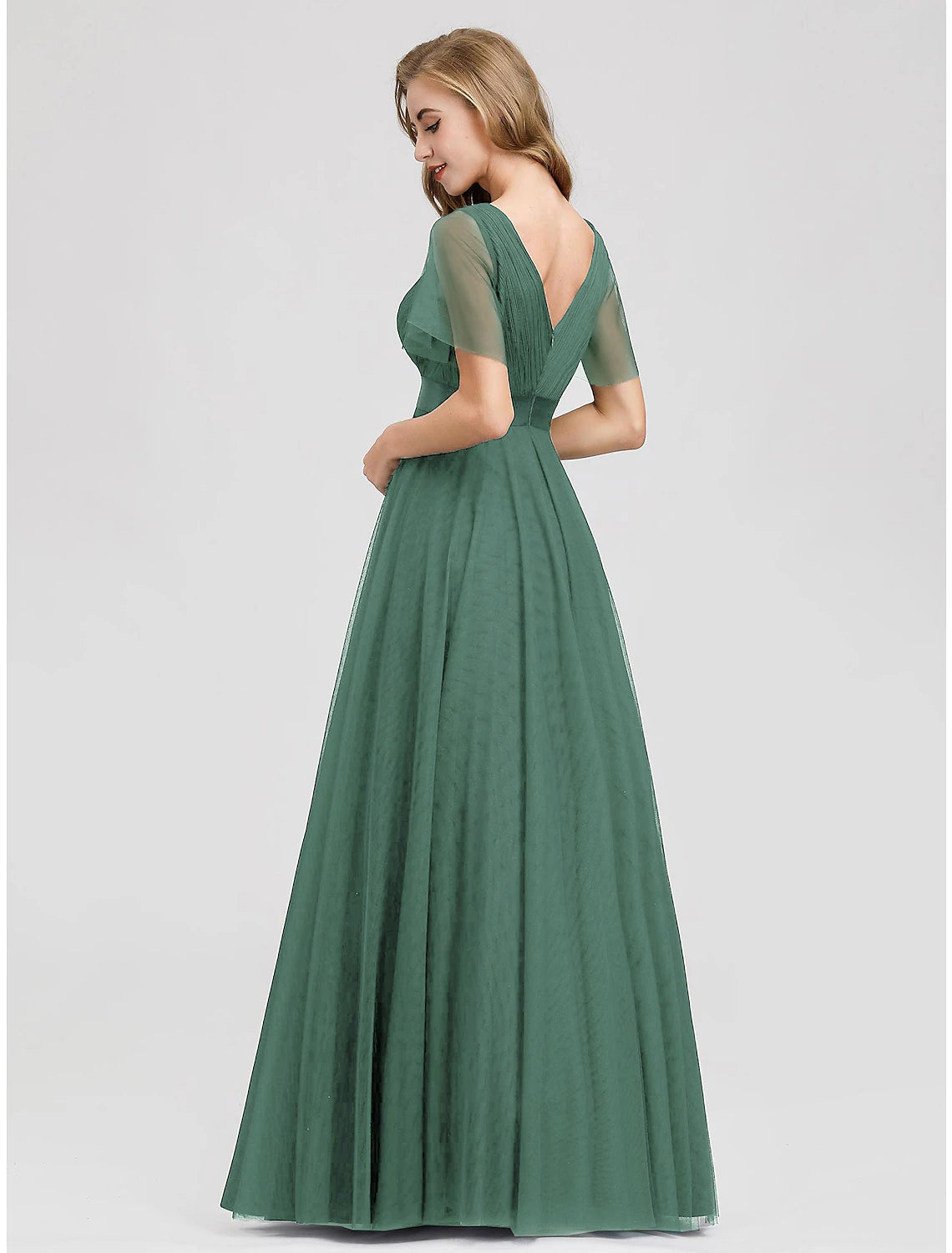 A-Line Empire Wedding Guest Prom Dress V Neck V Back Short Sleeve Floor Length Chiffon with Pleats Ruched