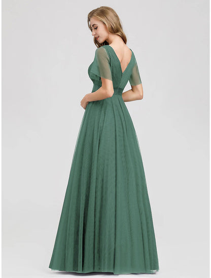 A-Line Empire Wedding Guest Prom Dress V Neck V Back Short Sleeve Floor Length Chiffon with Pleats Ruched