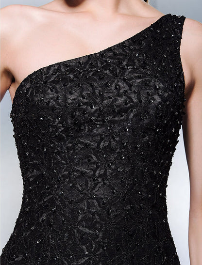 Sheath / Column Sparkle & Shine Dress Holiday Cocktail Party Court Train Sleeveless One Shoulder Lace with Beading
