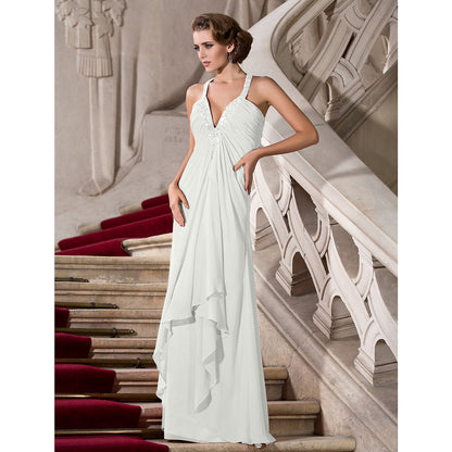 A-Line Celebrity Style Dress Formal Evening Military Ball Floor Length Sleeveless Plunging Neck Chiffon with Beading