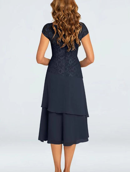 A-Line Mother of the Bride Dress Plus Size Jewel Neck Tea Length Chiffon Short Sleeve with Lace Tier