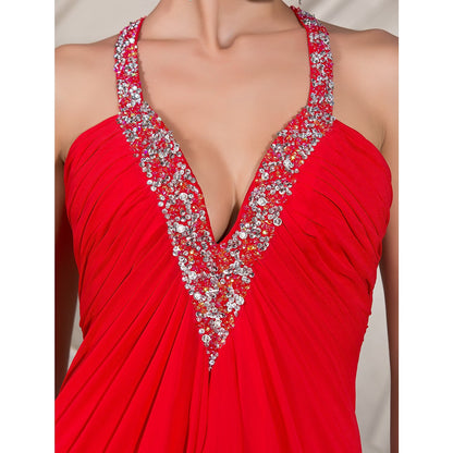 A-Line Celebrity Style Dress Formal Evening Military Ball Floor Length Sleeveless Plunging Neck Chiffon with Beading