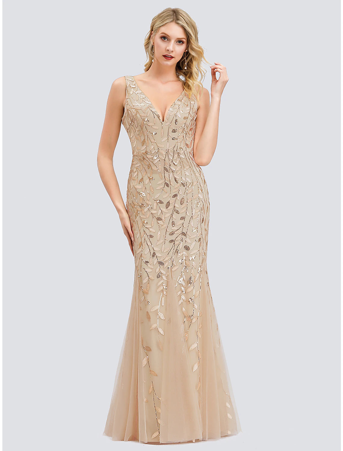 Mermaid / Trumpet Sparkle Sexy Prom Formal Evening Valentine‘s Day Dress V Neck V Back Sleeveless Floor Length Tulle with Sequin Appliques