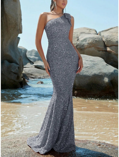 Mermaid / Trumpet Evening Gown Sparkle & Shine Dress Formal Fall Sweep / Brush Train Sleeveless One Shoulder Sequined with Glitter Shouder Flower