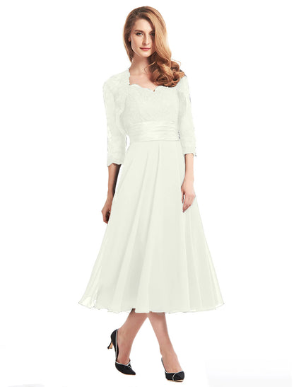 A-Line Mother of the Bride Dress Convertible Dress V Neck Tea Length Chiffon Corded Lace Sleeveless with Lace Pleats Appliques