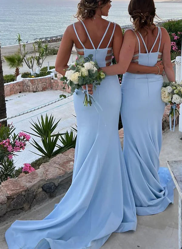 Sheath/Column Spaghetti Straps Floor-length Long Bridesmaid Dresses Sweep/Brush Train Dresses