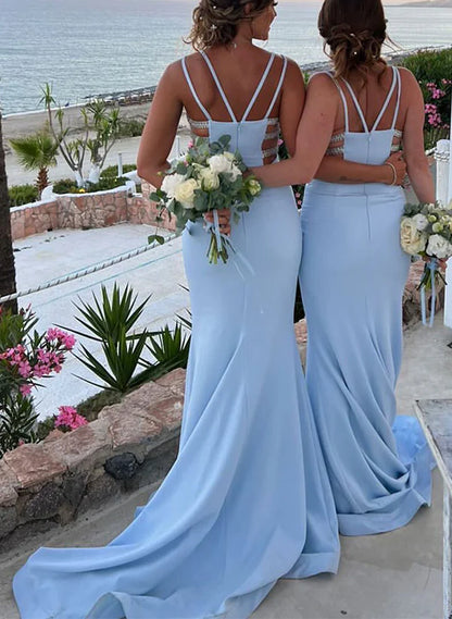 Sheath/Column Spaghetti Straps Floor-length Long Bridesmaid Dresses Sweep/Brush Train Dresses