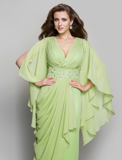 Sheath / Column Elegant Dress Wedding Guest Formal Evening Floor Length Long Sleeve V Neck Chiffon V Back with Crystals Side Draping