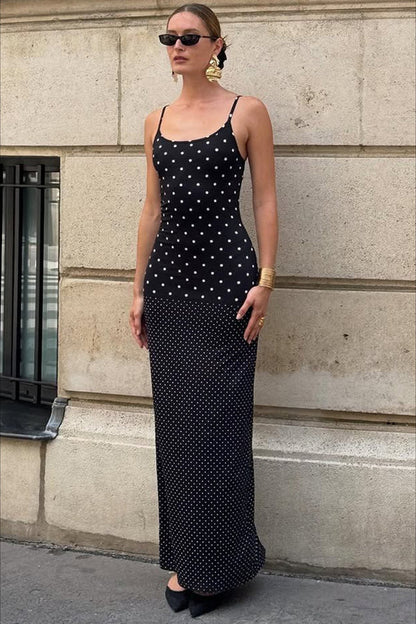 Black and White Polka Dot Maxi Prom Dresses with Spaghetti Strap Ruched Hem Slit for Prom and Retro Party