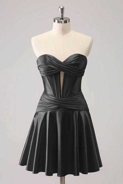 Burgundy Cute A Line Satin Sweetheart Strapless Keyhole Homecoming Dress