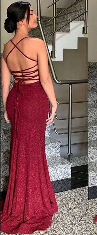Glitter Burgundy Mermaid Split Senior Prom Dress