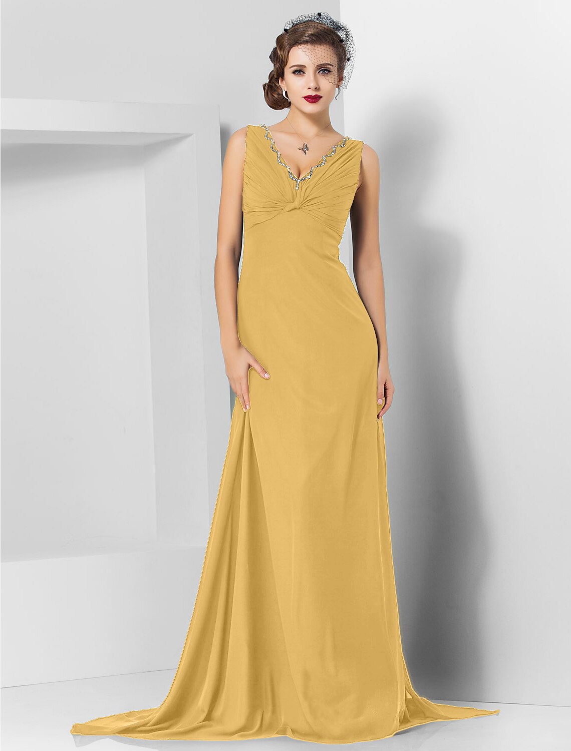 Sheath / Column Elegant Engagement Formal Evening Dress V Neck Sleeveless Sweep / Brush Train Chiffon with Crystals Draping