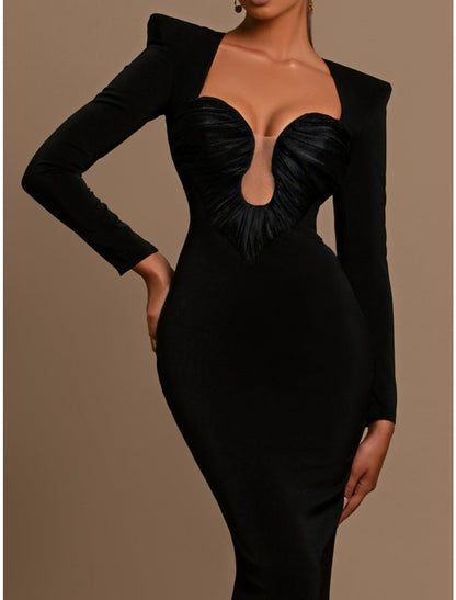 Sheath / Column Evening Gown Elegant Dress Formal Sweep / Brush Black Dress Train Long Sleeve Sweetheart Stretch Fabric with Ruched