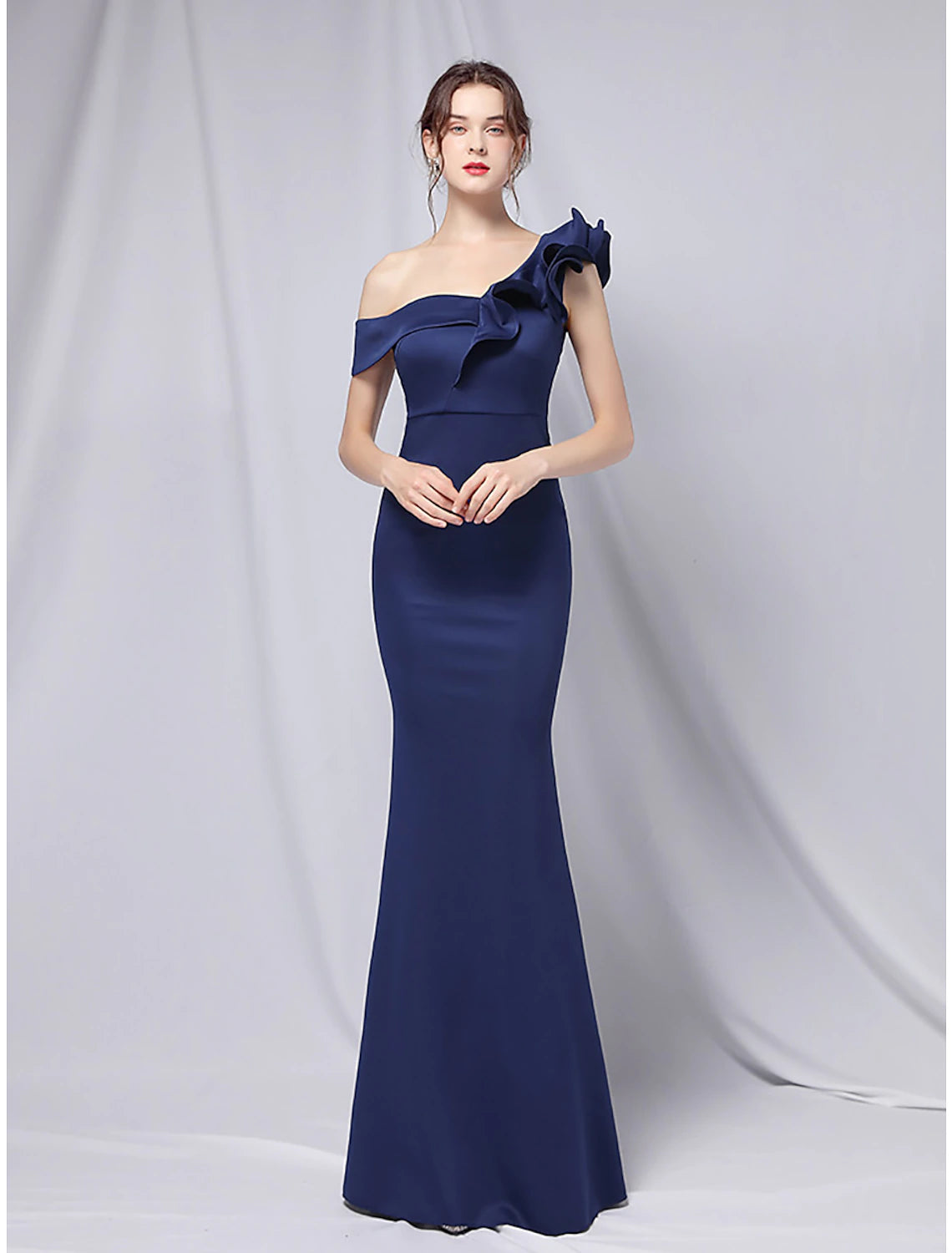 Mermaid / Trumpet Evening Gown Empire Dress Wedding Guest Formal Evening Floor Length Short Sleeve One Shoulder Stretch Satin with Ruffles