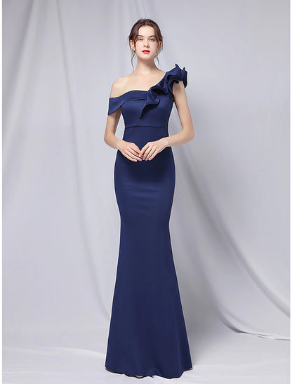 Mermaid / Trumpet Evening Gown Empire Dress Wedding Guest Formal Evening Floor Length Short Sleeve One Shoulder Stretch Satin with Ruffles