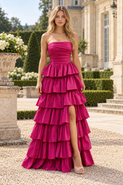 Fuchsia Strapless Ruched Tiered Ruffle Slit Long Evening Dress
