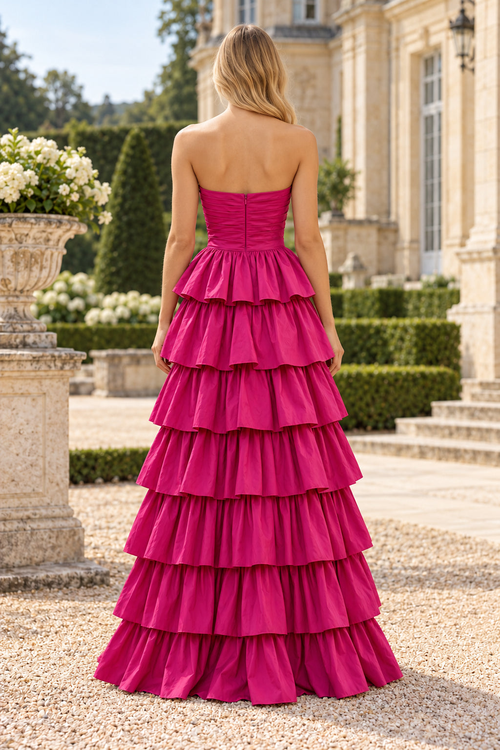 Fuchsia Strapless Ruched Tiered Ruffle Slit Long Evening Dress
