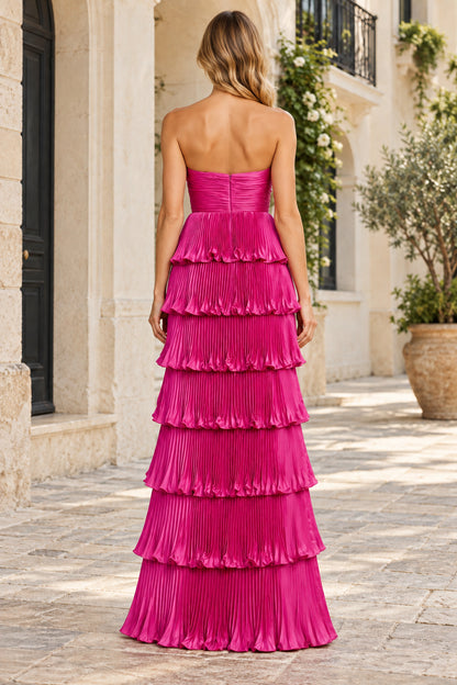 Fuchsia Strapless Tiered Pleated Zip Back Floor-Length Evening Dress