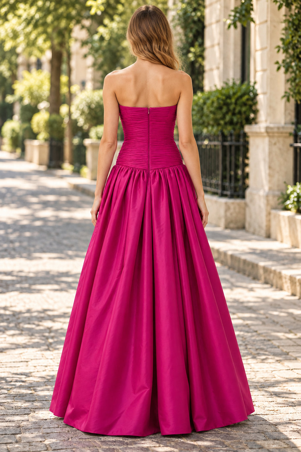 Fuchsia A-Line Strapless Tube Zipper Floor Bridesmaid Prom Gown