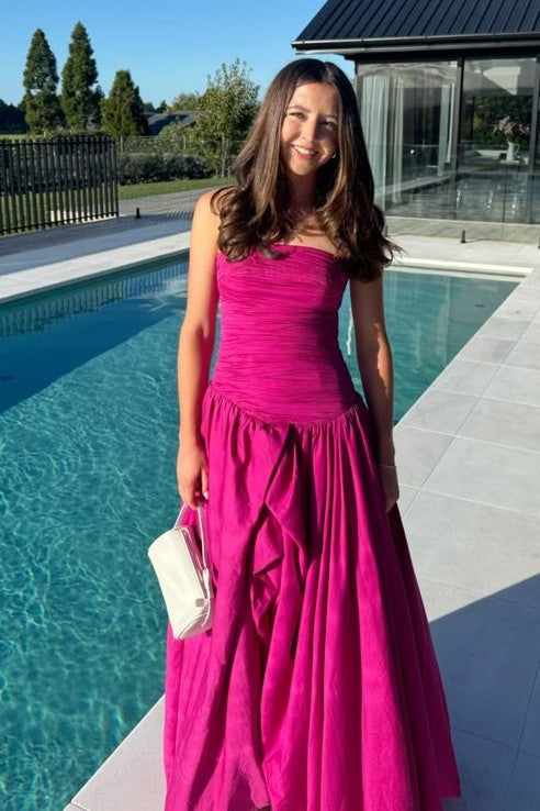 Fuchsia A-Line Strapless Tube Zipper Floor Bridesmaid Prom Gown