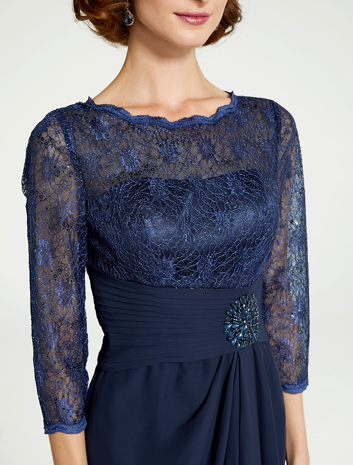 A-Line Mother of the Bride Dress Jewel Neck Floor Length Chiffon Lace 3/4 Length Sleeve with Lace Ruching