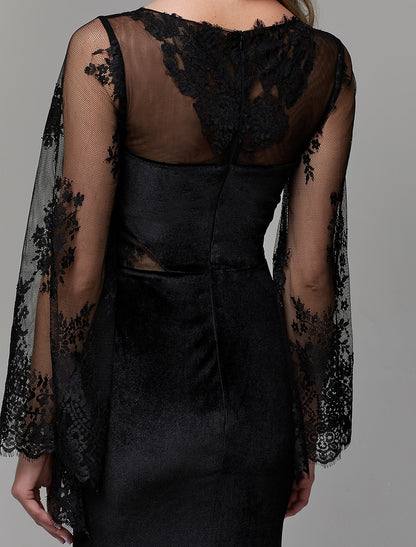 Sheath / Column Elegant Dress Wedding Guest Engagement Floor Length Long Sleeve Illusion Neck Lace with Lace Insert