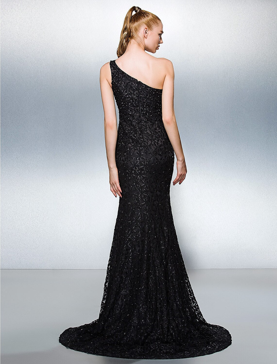 Sheath / Column Sparkle & Shine Dress Holiday Cocktail Party Court Train Sleeveless One Shoulder Lace with Beading