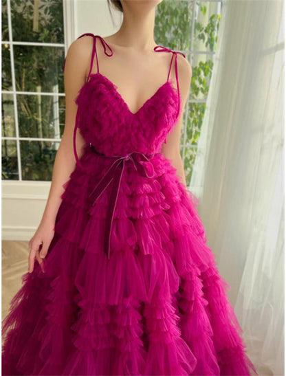 Ball Gown Evening Gown Puffy Dress Wedding Party Birthday Floor Length Sleeveless Spaghetti Strap Tulle with Ruffles Strappy