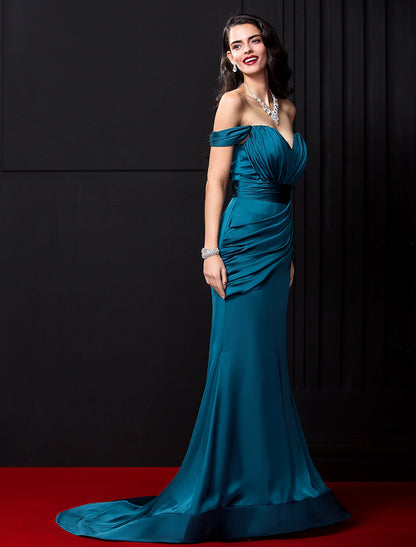 Mermaid / Trumpet Sexy Dress Engagement Formal Evening Court Train Sleeveless Off Shoulder Satin Chiffon with Ruched Draping