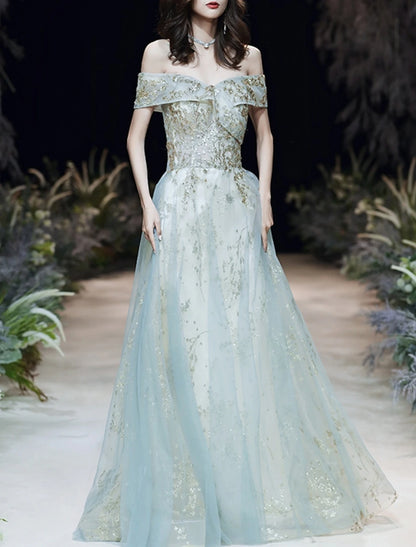 A-Line Glittering Elegant Engagement Formal Evening Dress Off Shoulder Short Sleeve Floor Length Tulle with Sequin