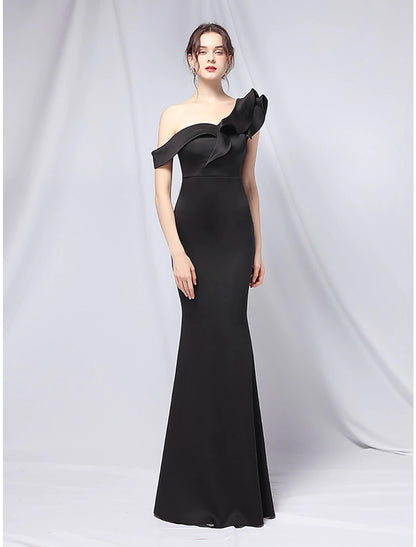 Mermaid / Trumpet Evening Gown Empire Dress Wedding Guest Formal Evening Floor Length Short Sleeve One Shoulder Stretch Satin with Ruffles