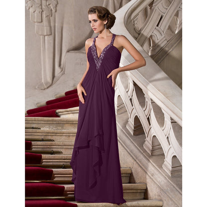 A-Line Celebrity Style Dress Formal Evening Military Ball Floor Length Sleeveless Plunging Neck Chiffon with Beading
