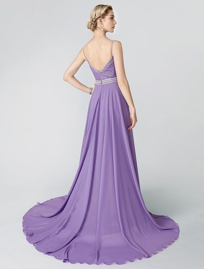 Ball Gown Beaded & Sequin Holiday Cocktail Party Formal Evening Dress Plunging Neck Sleeveless Court Train Chiffon Metallic Lace with Sash / Ribbon Pleats Beading